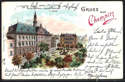 Lithographie Chemnitz, Neues Rathaus, Börse und Becker-Denkmal aus der Vogelschau