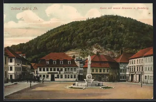 AK Suhl i. Th., Markt mit neuem Brunnen und Domberg