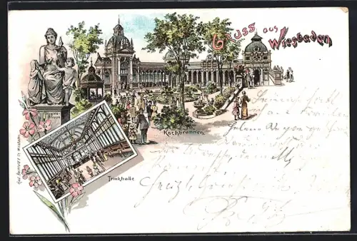 Lithographie Wiesbaden, Der Kochbrunnen, Die Trinkhalle, Die Hygieagruppe