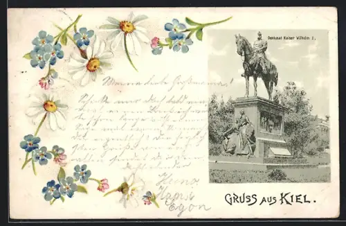 Lithographie Kiel, Denkmal Kaiser Wilhelm I., Sommerblumen