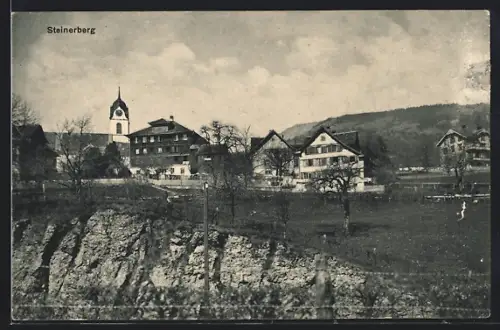 AK Steinerberg, Ortspanorama mit Turm und Felswand