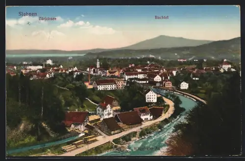 AK Siebnen, Ortsansicht mit Wäggitaler Aa, Zürichsee und Bachtel
