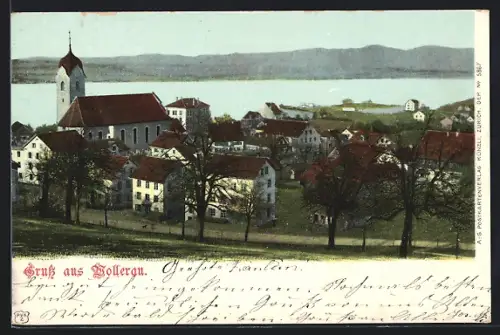AK Wollerau, Totalansicht mit See und Bergpanorama aus der Vogelschau
