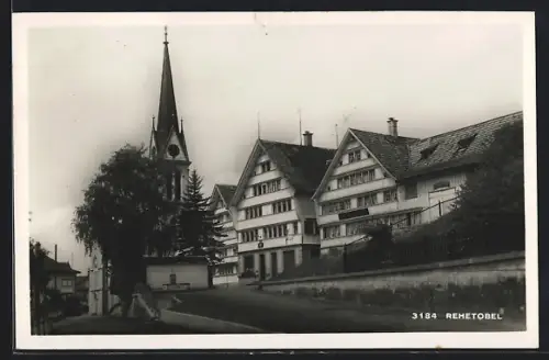 AK Rehetobel, Gasthaus-Pension z. Post, Naturarzt P. Hasler, Panorama mit Kirche