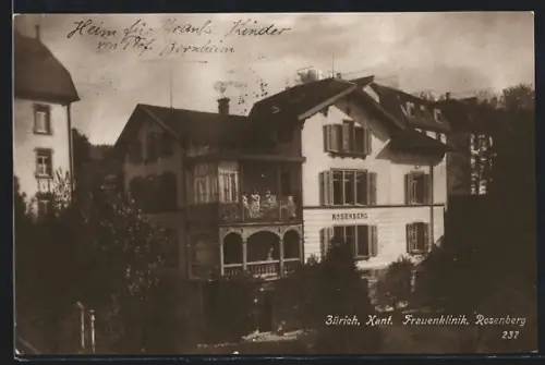 AK Zürich, Kant. Frauenklinik Rosenberg aus der Vogelschau, Mütter mit Säuglingen auf dem Balkon