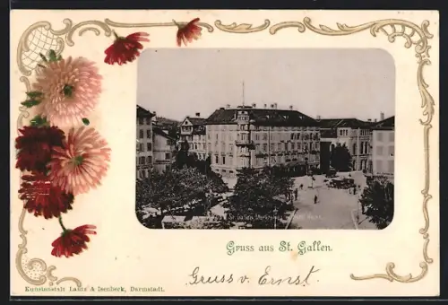 Lithographie St. Gallen, Marktplatz mit Hotel Hecht, Ornament-Rahmen, Blumen