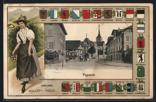 AK Payerne /Waadt, Ortspartie mit Kirche, Trachtenmädchen, Kantonswappen