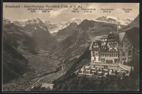 AK Braunwald, Hotel-Kurhaus Alpenblick mit Clariden, Tödi und Kammerstock