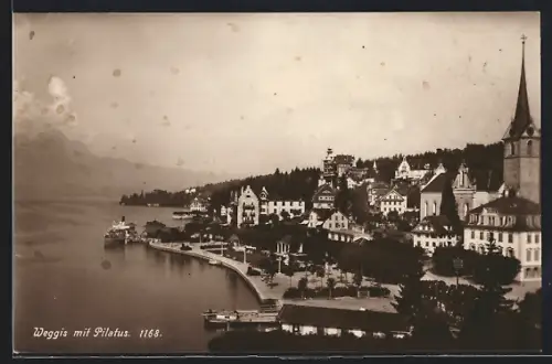 AK Weggis, Totalansicht mit Pilatus aus der Vogelschau