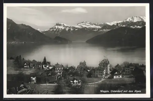 AK Weggis, Unterdorf, Totalansicht mit Alpen