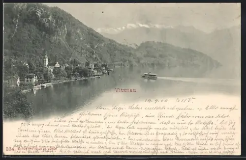 AK Vitznau, Ortsansicht mit See und Dampfschiff