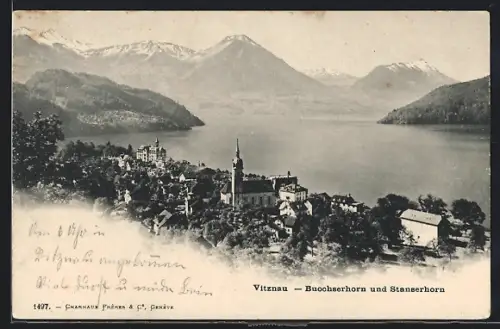 AK Vitznau, Buochserhorn u. Stanserhorn mit Ort aus der Vogelschau