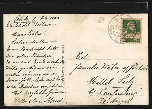 AK Lenk i. S., Ortsansicht mit Bergen von einer Wiese aus