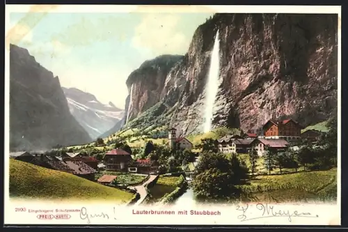 AK Lauterbrunnen, Ortspanorama mit Staubbach