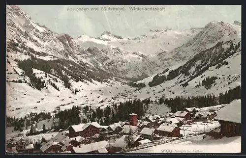 AK Adelboden, Totalansicht mit Wildstrubel im Winter