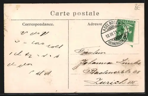 AK Adelboden, verschneites Dorf mit Bergen im Hintergrund