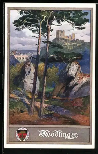 Künstler-AK Mödling, Burgruine auf dem Berg, Deutscher Schulverein