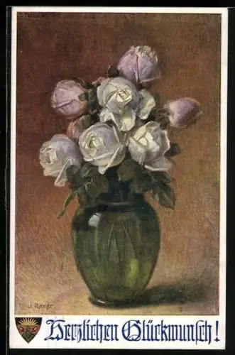 AK Deutscher Schulverein NR. 876: Herzlichen Glückwunsch, Rosenstrauss in der Vase