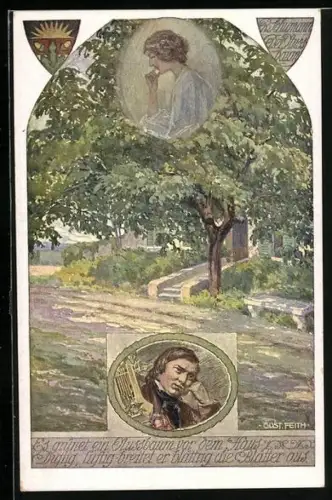 AK Deutscher Schulverein Nr. 850: Es grünet ein Nussbaum vor dem Haus, Dame in weiss denkt nach