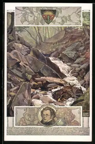 AK Portrait des Komponisten Franz Schubert mit Sinnspruch und fliessenden Bach, Deutscher Schulverein