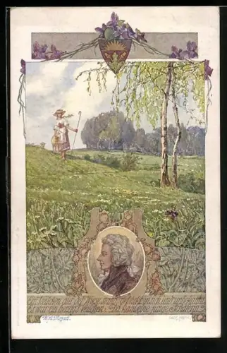 AK Deutscher Schulverein NR 848: Veilchen auf der Wiese, Porträt v. W. A. Mozart