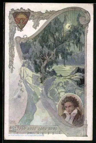 Künstler-AK Ludwig v. Beethoven, Mondscheinsonate, Porträt, Harfe