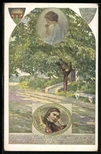 AK Deutscher Schulverein Nr. 850: Es grünet ein Nussbaum vor dem Haus, Dame in weiss denkt nach