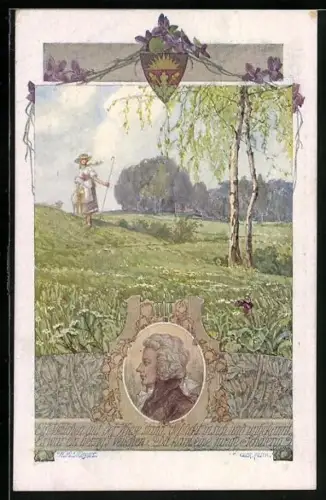 AK Deutscher Schulverein Nr. 848: Mädchen spaziert mit Schaf unterm Arm durch blühende Felder