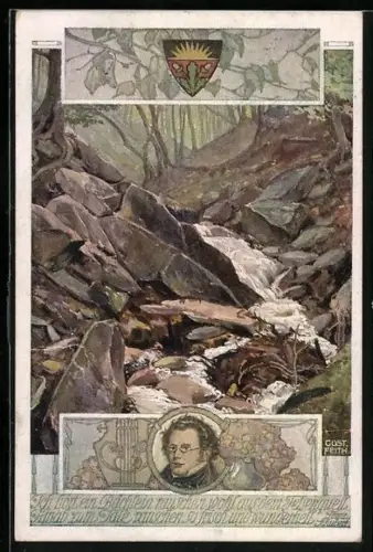 AK Deutscher Schulverein Nr. 849: Bach am Berg, Porträtbild von Franz Schubert, Lied