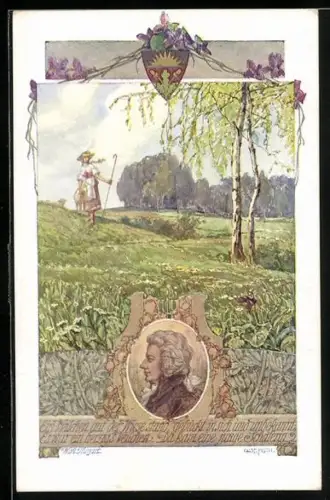 AK Deutscher Schulverein Nr. 848: Mädchen spaziert mit Schaf unterm Arm durch blühende Felder