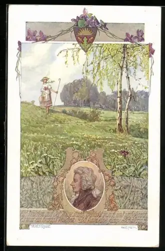 AK Deutscher Schulverein Nr. 848: Mädchen spaziert mit Schaf unterm Arm durch blühende Felder