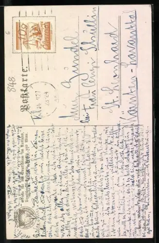 AK Deutscher Schulverein Nr. 848: Mädchen spaziert mit Schaf unterm Arm durch blühende Felder