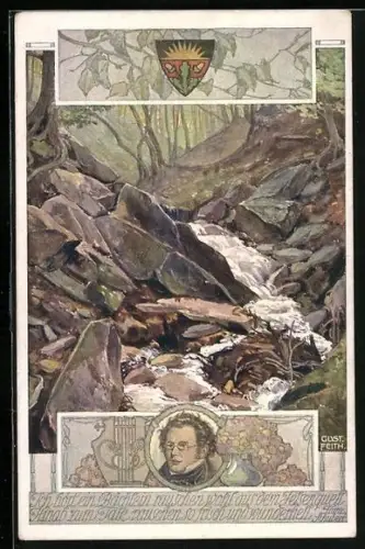 AK Deutscher Schulverein Nr. 849: Bach am Berg, Porträtbild von Franz Schubert, Lied