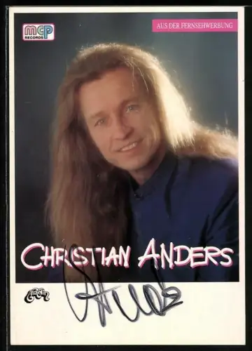 AK Musiker Christian Anders in blauem Hemd, Autograph