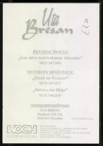 AK Musikerin Uta Bresan lächelnd im Porträt, Autograph