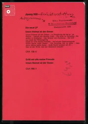 AK Musiker Jonny Hill im Porträt mit Autograph