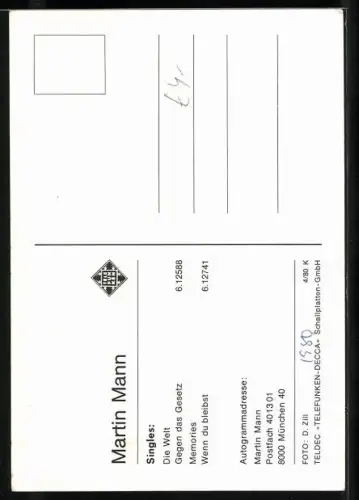 AK Musiker Martin Mann im Porträt mit Autograph