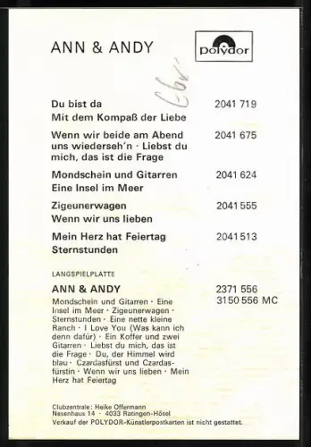 AK Musiker Ann & Andy zusammen im Porträt, Autograph