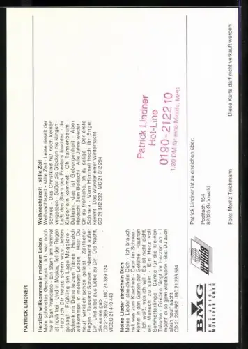 AK Musiker Patrick Lindner lächelnd im Porträt, Autograph