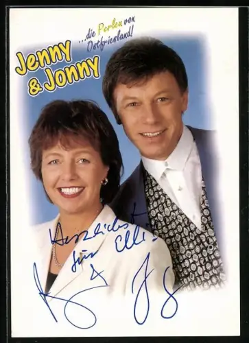 AK Musiker Jenny & Jonny lächelnd im Porträt, Autograph