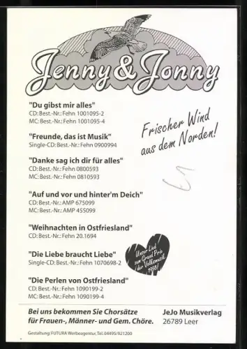 AK Musiker Jenny & Jonny lächelnd im Porträt, Autograph