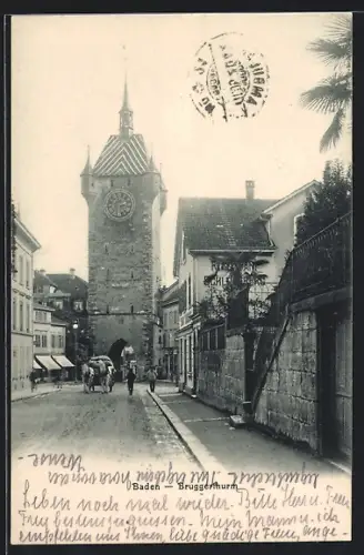 AK Baden, Bruggerthurm und Strasse, mit Mauer