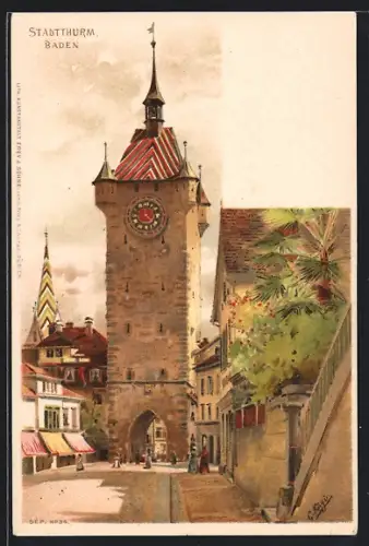 Künstler-AK Baden, Stadtturm, idyllische Strassenpartie
