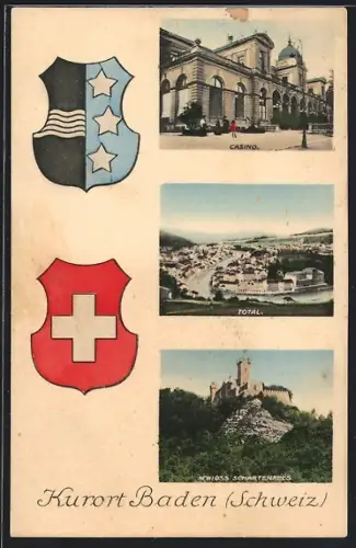 AK Baden, Casino, Schloss Schartenfels, Totalansicht, Wappen