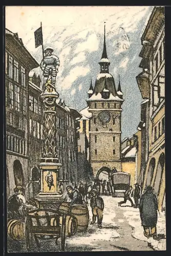 Künstler-AK Ernst E.Schlatter: Bern, Menschen am Denkmal