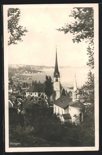 AK Horgen, Totalansicht mit Turmgebäuden und Seeblick aus der Vogelschau