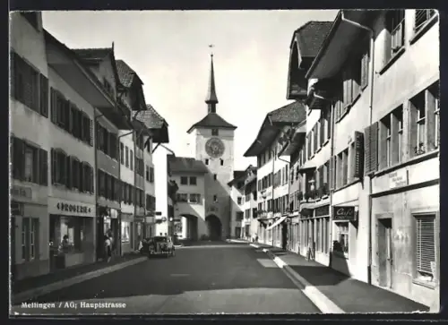 AK Mellingen /AG, Hauptstrasse mit Torturm und Geschäften, Cafe-Conditorei
