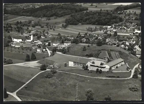 AK Künten /AG, Schulhaus und Kirche, Fliegeraufnahme