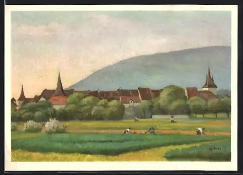 Künstler-AK Le Landeron /Neuchatel, Ortspanorama mit Feldarbeitern