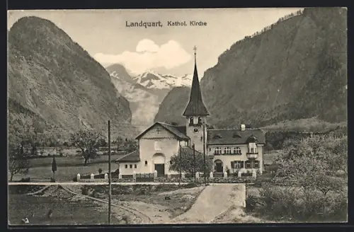 AK Landquart, Kathol. Kirche mit Gipfelpanorama